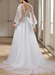 A Line V Neck Long Sleeves Sweep Train Chiffon Lace Wedding Dress with Front Slit and Appliques