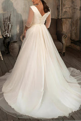 A-Line V-Neck Long Sleeves Sweep Train Tulle Wedding Dresses for Plus Size