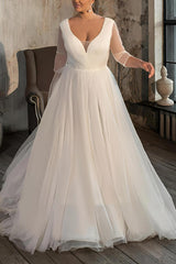 A-Line V-Neck Long Sleeves Sweep Train Tulle Wedding Dresses for Plus Size
