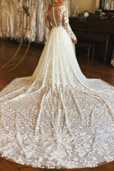 A-Line V-Neck Long Sleeves Tulle Wedding Dresses With Appliques Lace