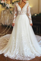 A-Line V-Neck Long Sleeves Tulle Wedding Dresses With Appliques Lace