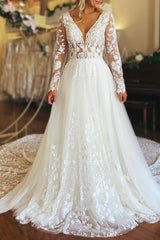 A-Line V-Neck Long Sleeves Tulle Wedding Dresses With Appliques Lace