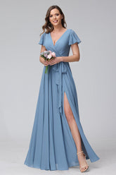 A-Line V-Neck Short Sleeves Long Chiffon Bridesmaid Dresses With Split Side