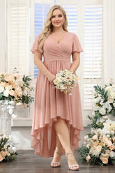 A-Line V-Neck Short Sleeves Ruched Asymmetrical Chiffon Plus Size Bridesmaid Dresses