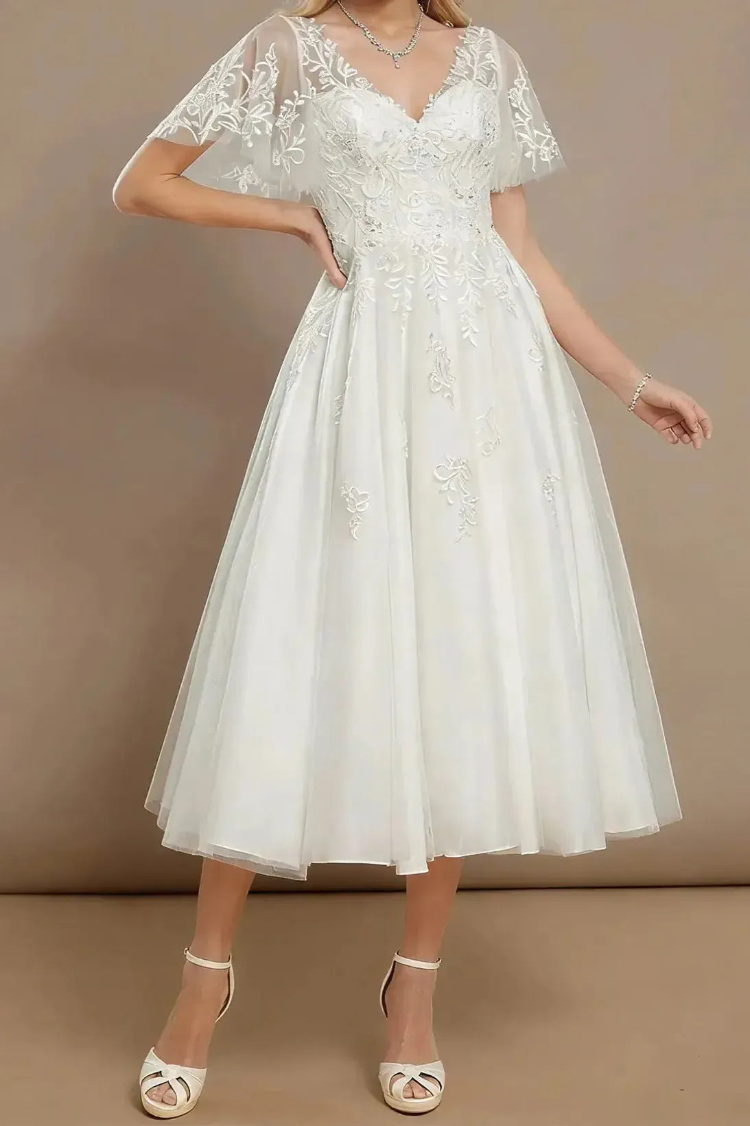 A Line V Neck Short Sleeves Tea Length Satin Wedding Dress with Appliques