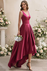 A Line V Neck Sleeveless Asymmetrical Satin Bridesmaid Dresses