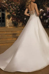 A-Line V-Neck Sleeveless Court Train Satin Wedding Dresses With Lace