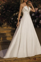 A-Line V-Neck Sleeveless Court Train Satin Wedding Dresses With Lace