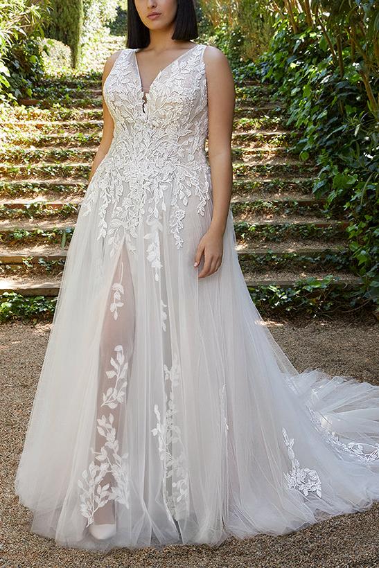 A-Line V-Neck Sleeveless Court Train Tulle Wedding Dresses With Appliques Lace