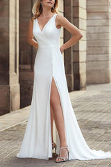 A-Line V-Neck Sleeveless Elastic Satin Wedding Dresses With Front Split