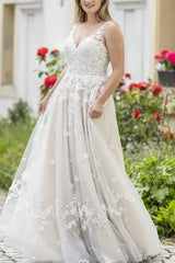 A-Line V-Neck Sleeveless Lace Wedding Dresses With Appliques Lace