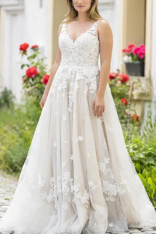 A-Line V-Neck Sleeveless Lace Wedding Dresses With Appliques Lace