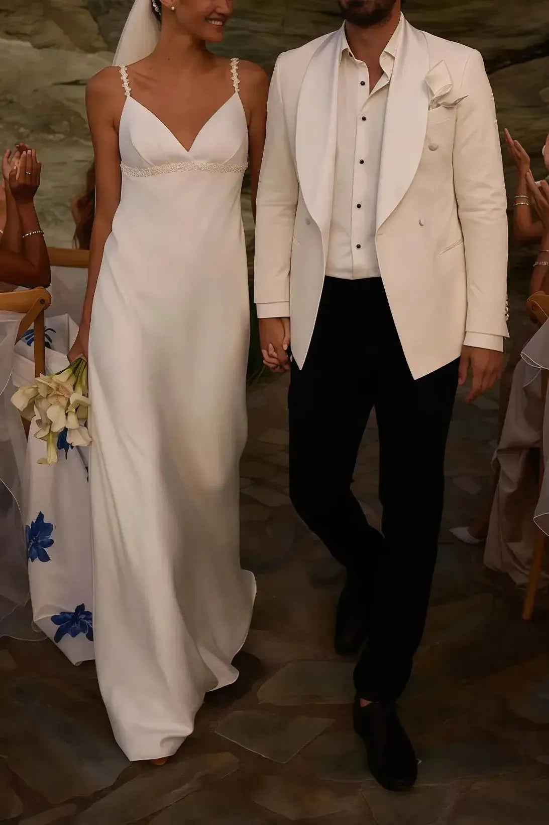 A Line V Neck Sleeveless Open Back Sweep Train Crepe Satin Wedding Dress
