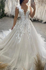 A-Line V-Neck Sleeveless Sweep Train Lace Tulle Wedding Dresses