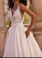 A Line V Neck Sleeveless Sweep Train Satin Wedding Dress with Appliques