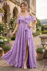 A-Line V-Neck Spaghetti Straps Floral Bridesmaid Dresses with Pockets Lilac