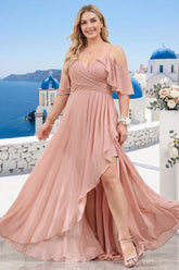 A-Line V-Neck Spaghetti Straps Short Sleeves Asymmetrical Chiffon Plus Size Bridesmaid Dresses