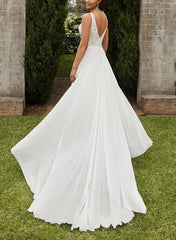 A-Line V-Neck Sweep Train Chiffon Beach Wedding Dress With Split Front