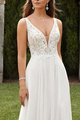 A-Line V-Neck Sweep Train Chiffon Wedding Dress With Split Front
