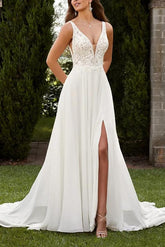 A-Line V-Neck Sweep Train Chiffon Wedding Dress With Split Front