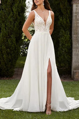 A-Line V-Neck Sweep Train Chiffon Wedding Dress With Split Front