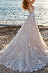 A-Line V-Neck Sweep Train Tulle Bridal Gown