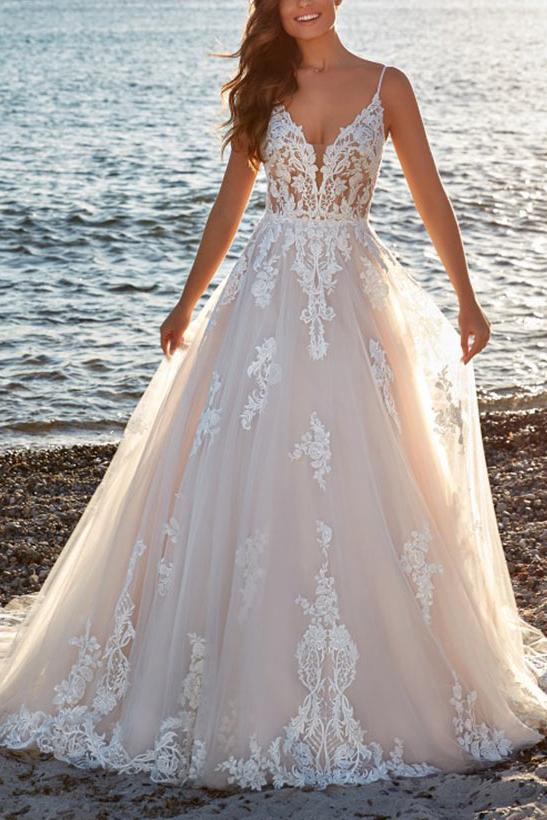 A-Line V-Neck Sweep Train Tulle Bridal Gown