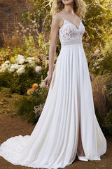 A-Line V-Neck Tulle Beach Wedding Dresses With Split Front/Appliques Lace