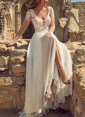 A-Line V-neck Long Sleeves Lace/Tulle Beach Wedding Dresses With Front Split