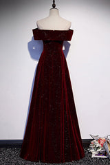A Line Velvet Evening Dress Off the Shoulder V Neck Burgundy Long Formal Christmas Party Dress
