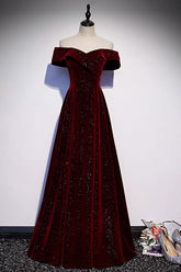 A Line Velvet Evening Dress Off the Shoulder V Neck Burgundy Long Formal Christmas Party Dress