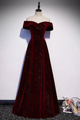 A Line Velvet Evening Dress Off the Shoulder V Neck Burgundy Long Formal Christmas Party Dress