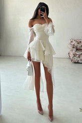 A Line Wedding Dress Long Sleeve Off the Shoulder Ruffled High Low Formal Dress
