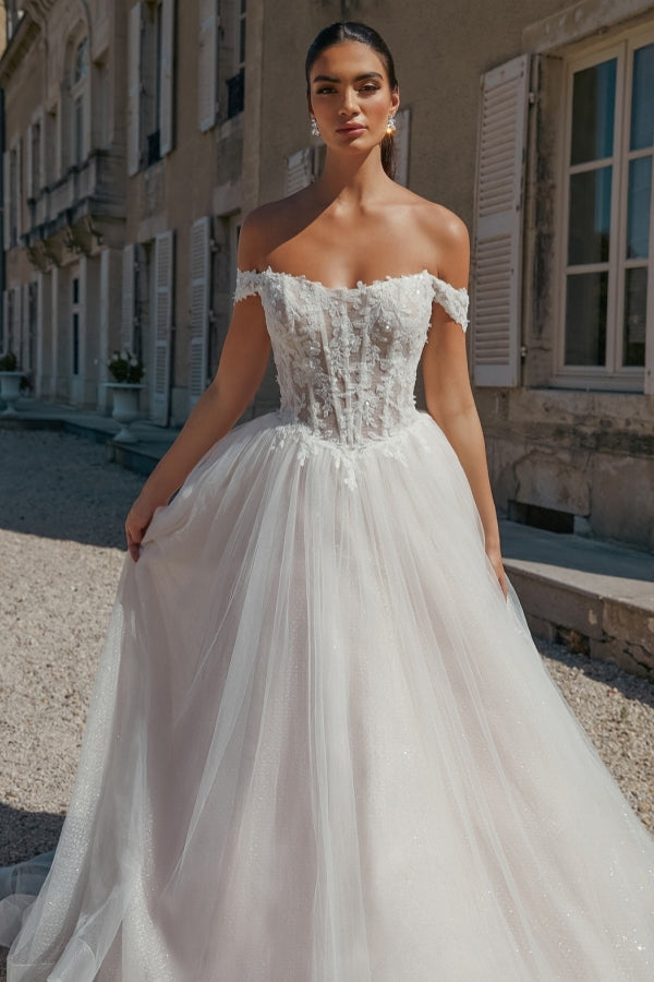 A Line Wedding Dress Off The Shoulder Appliques Tulle Bridal Gown