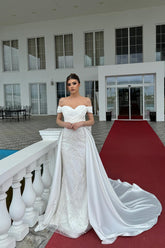 A Line Wedding Dress Off The Shoulder Sleeveless Appliques White Bridal Gown with Panel Train