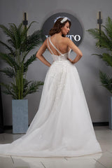 A Line Wedding Dress One Shoulder Sleeveless Appliques Tulle Bridal Gown with Panel Train