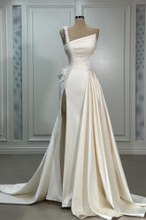 A Line Wedding Dress Satin One Shoulder Sleeveless Bridal Gown With Ruffles Split Front