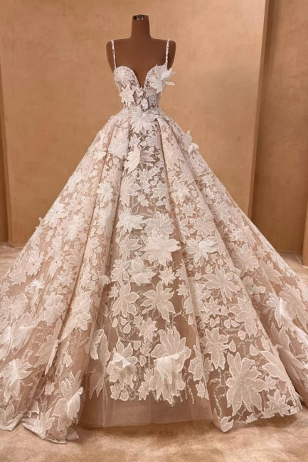 A Line Wedding Dress Spaghetti Straps Lace Appliques Sleeveless Bridal Gown