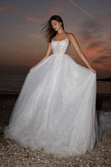 A Line Wedding Dress Spaghetti Straps Tulle Bridal Gown With Lace Appliques