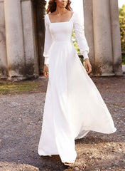 A-Line Wedding Dress Square Neckline Long Sleeves Satin Bridal Gown With Sweep Train