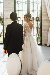 A Line Wedding Dress V Neck Lace Bridal Gown With Sleeves