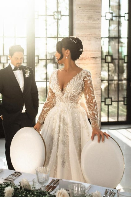 A Line Wedding Dress V Neck Lace Bridal Gown With Sleeves