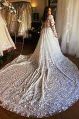 A Line Wedding Dress V Neck Sleeves Lace Bridal Gown With Train