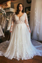 A Line Wedding Dress V Neck Sleeves Lace Bridal Gown With Train