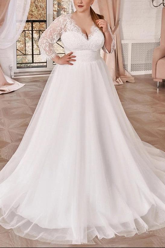 A-Line Wedding Dresses with Curve Lace Plunge Sleeves