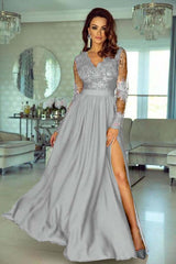 A Line Wedding Guest Dress Long Sleeve V Neck Evening Dress With Lace Appliques