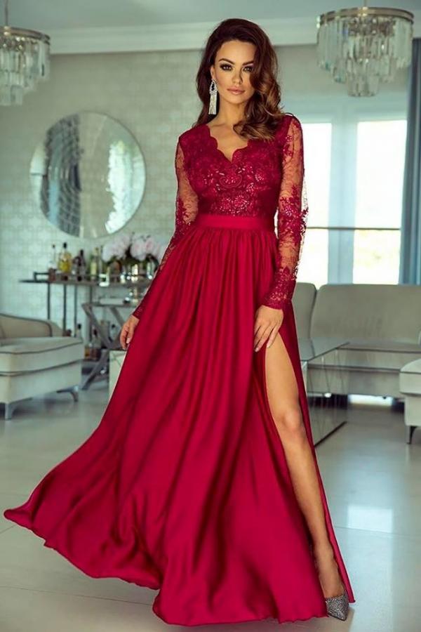A Line Wedding Guest Dress Long Sleeve V Neck Evening Dress With Lace Appliques