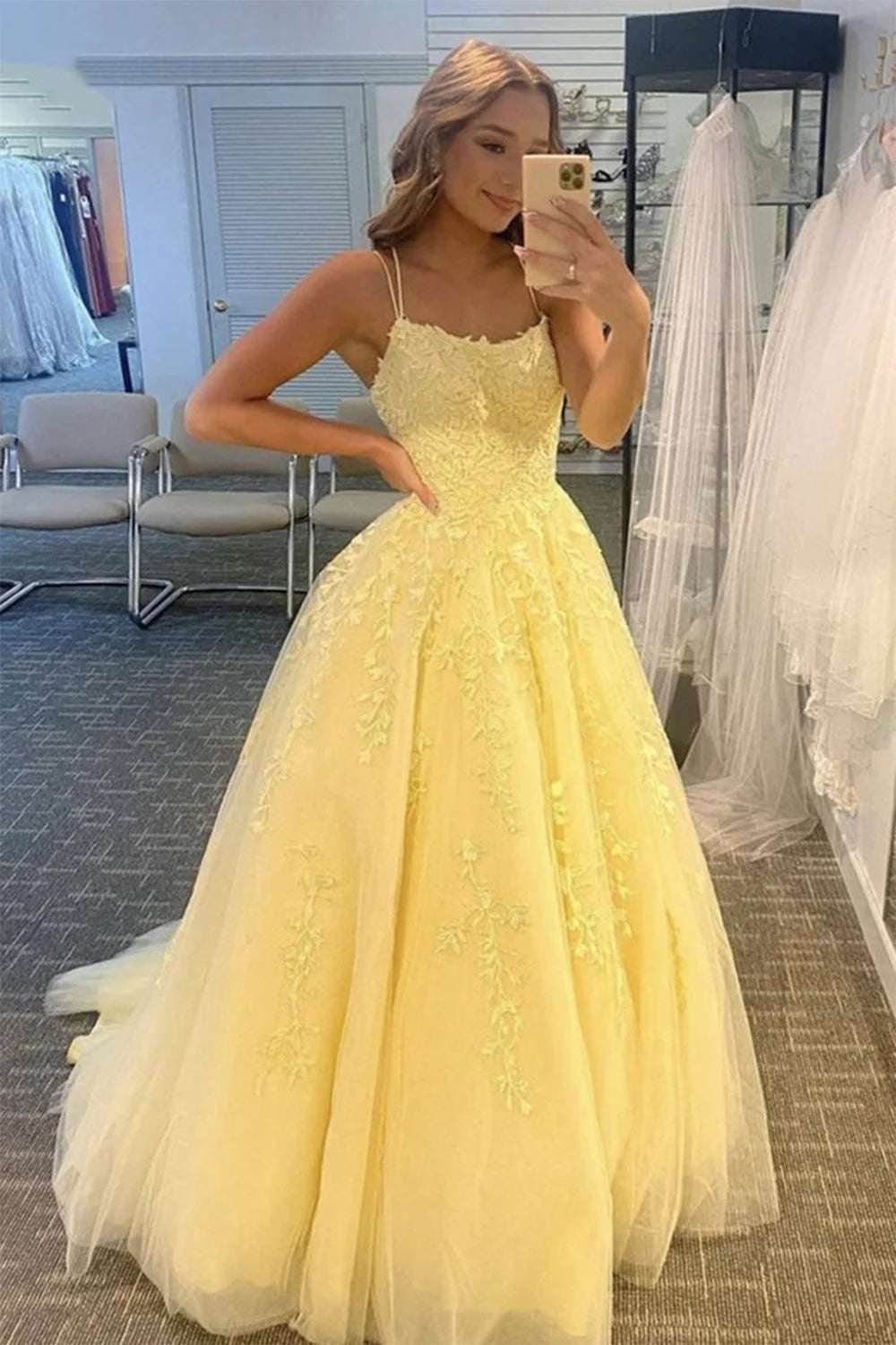 A Line Yellow Spaghetti Straps Prom Dress