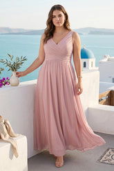 A-Line/Princess Chiffon V-Neck Sleeveless With Pleats Floor-Length Lace Up Plus Size Bridesmaid Dresses