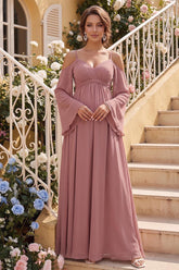 A-Line/Princess Cold Shoulder Long Sleeves Floor-Length Maternity Bridesmaid Dresses With Bowknot & Pleats